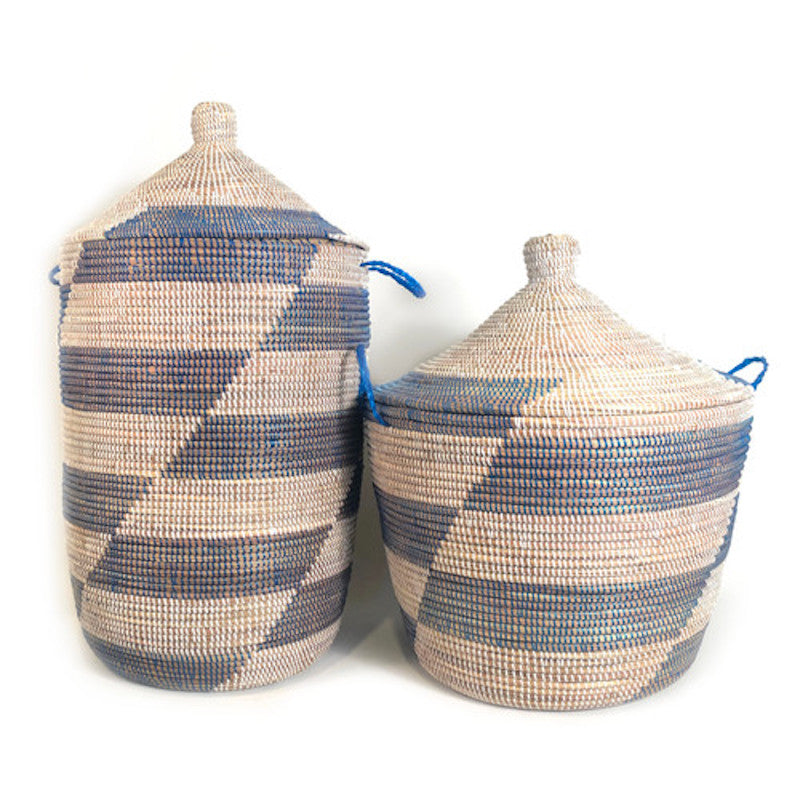 Blue stripe woven storage basket with textured weave and fitted lid.