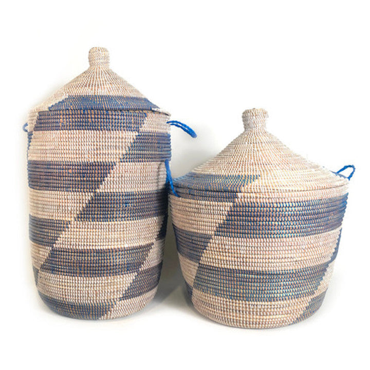 Blue stripe woven storage basket with textured weave and fitted lid.
