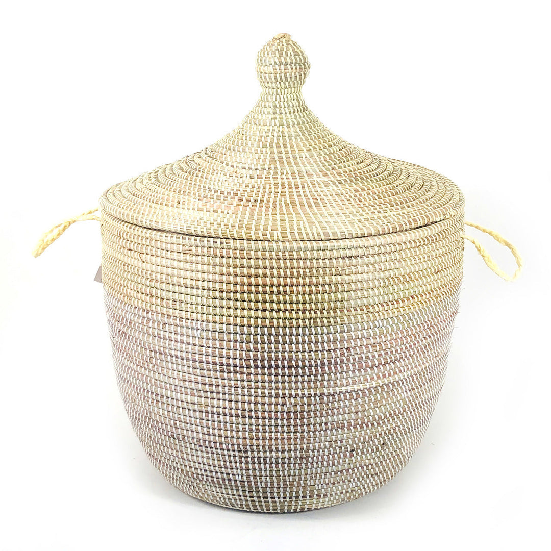 Tall two-tone storage basket in natural and white, handwoven in Senegal