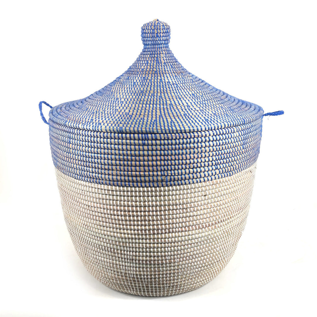 Tall two-tone storage basket in navy and white, handwoven in Senegal