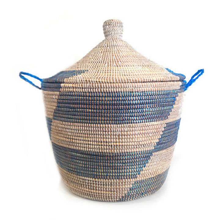 Blue and white stripe woven storage basket, sturdy with a fitted lid.