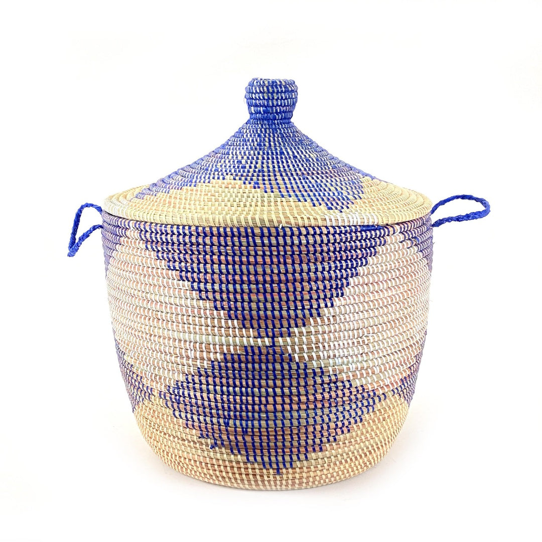 Blue and natural chevron floor storage basket, handwoven millet grass from Senegal
