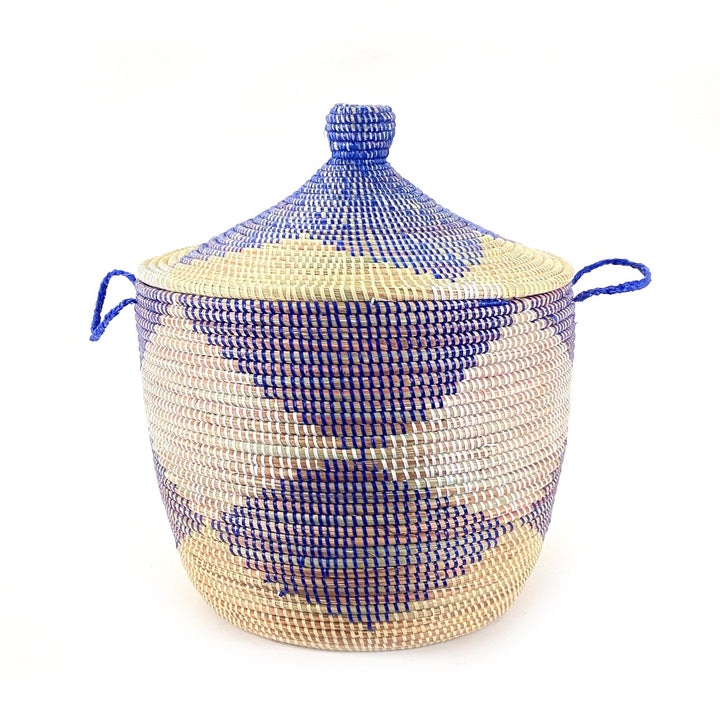 Blue and natural chevron floor storage basket, handwoven millet grass from Senegal