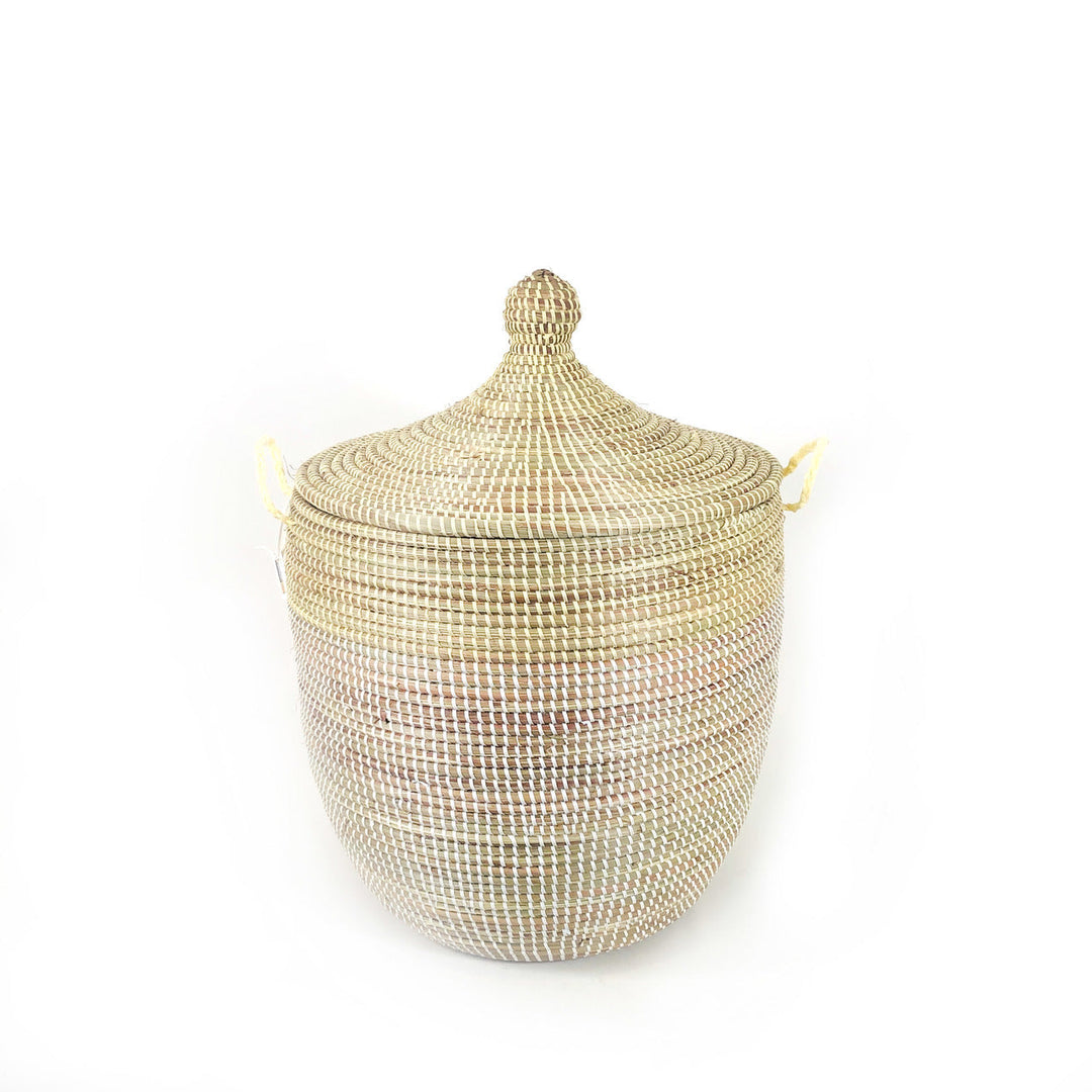 Medium two-tone storage basket in natural and white, handwoven Senegalese millet grass