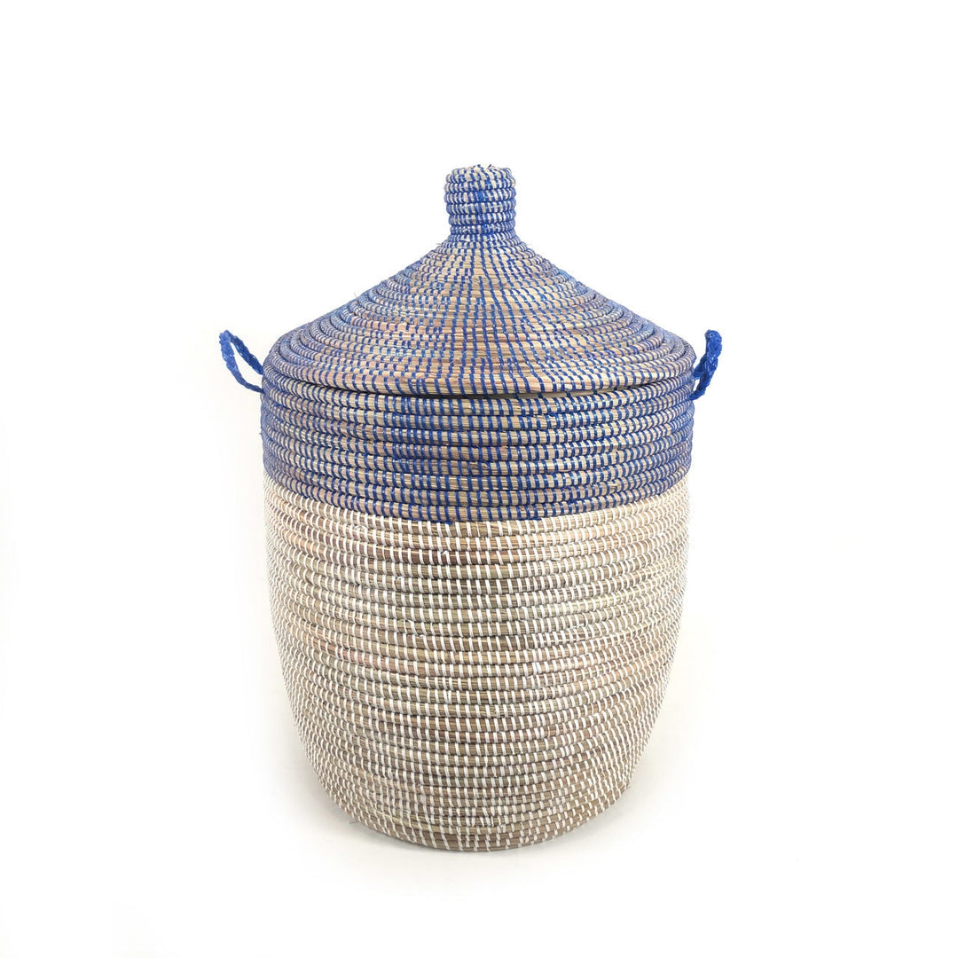 Medium two-tone woven basket in navy and white, handwoven in Senegal