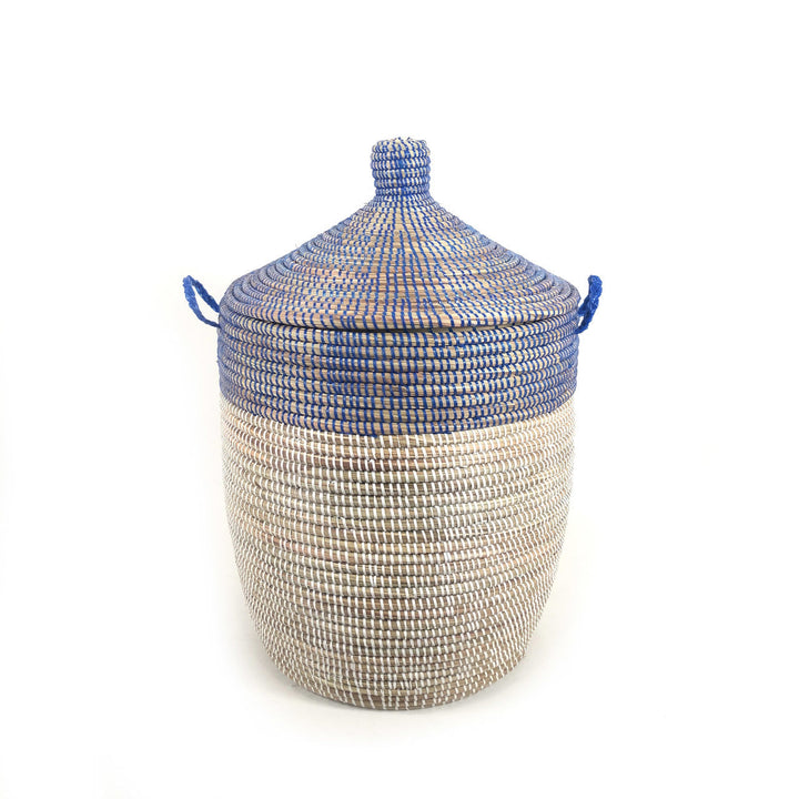 Medium two-tone woven basket in navy and white, handwoven in Senegal