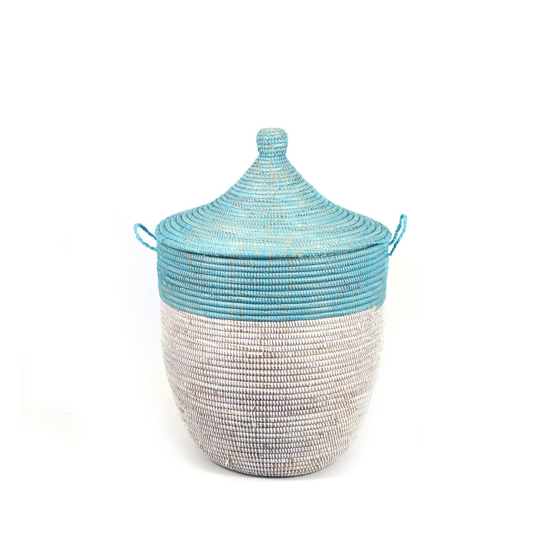 Medium two-tone storage basket in turquoise and white, handwoven in Senegal