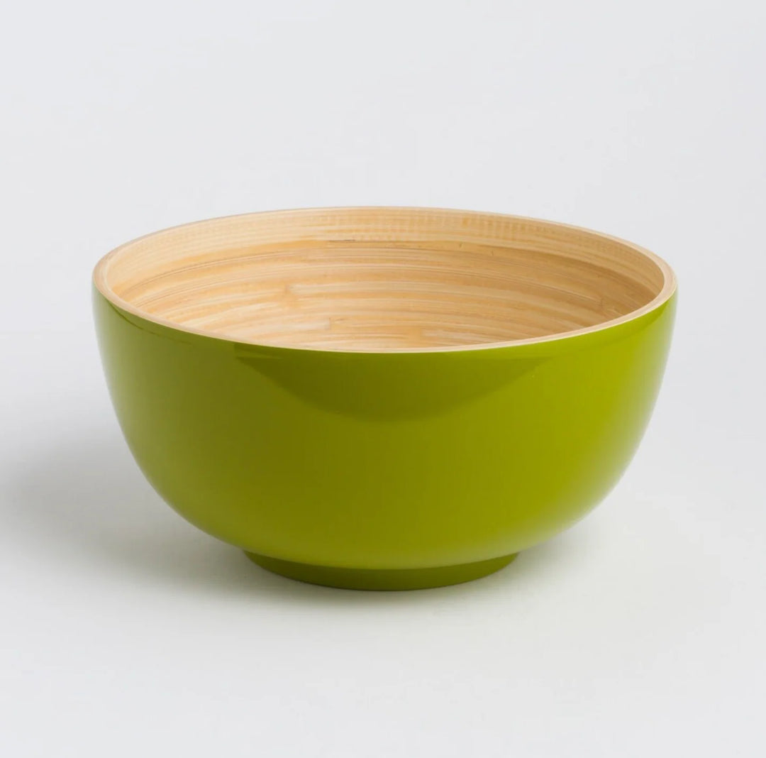 Large handcrafted bamboo salad bowl with a smooth finish and spacious interior.