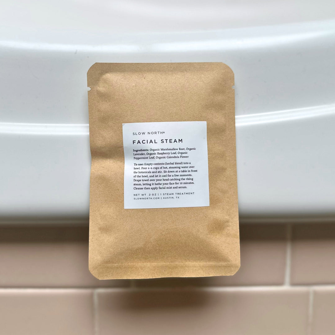 Aromatic facial steam with marshmallow root, lavender, and calendula flowers.