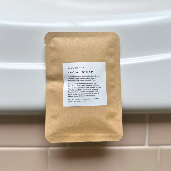 Aromatic facial steam with marshmallow root, lavender, and calendula flowers.