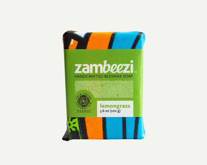 Organic lemongrass soap bar with beeswax, natural textured surface.