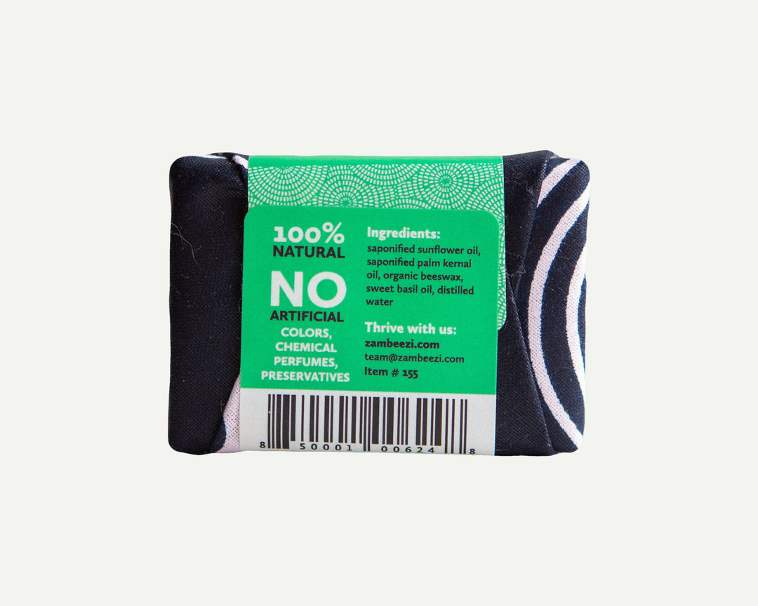 Organic sweet basil soap bar with beeswax, natural texture.