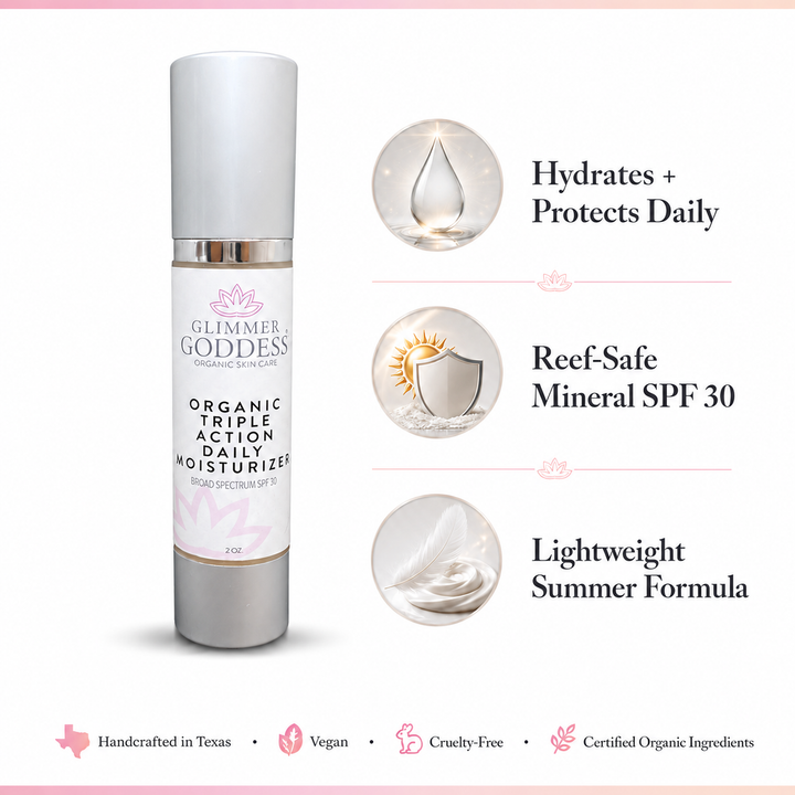 DC-Glimmer Goddess Triple Action Daily Organic Face Moisturizer with SPF 30, showing a white tube with blue and green accents.