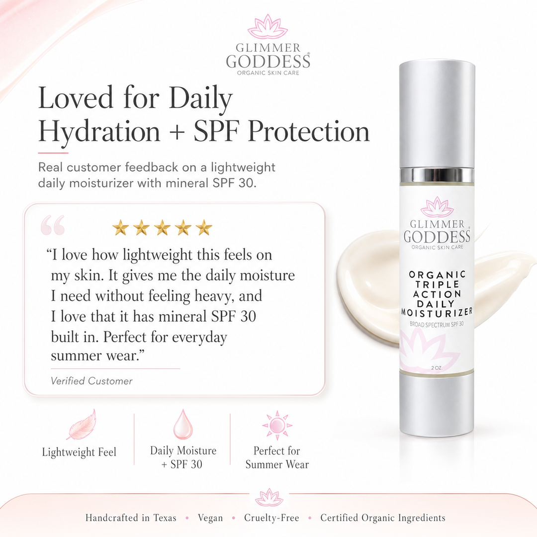 DC-Glimmer Goddess® Triple Action Daily Organic Face Moisturizer with SPF 30, showing a pump bottle with a clean, natural design.