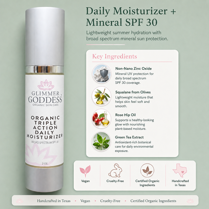Organic daily face moisturizer with SPF 30 in a jar.