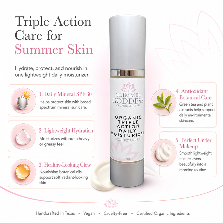 Organic daily face moisturizer with SPF 30 applied to glowing skin.