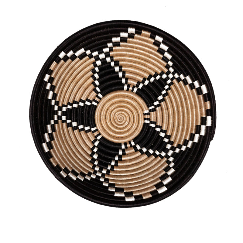 Tea Blossom woven bowl with a checkered spoke pattern in tea-dyed sisal.