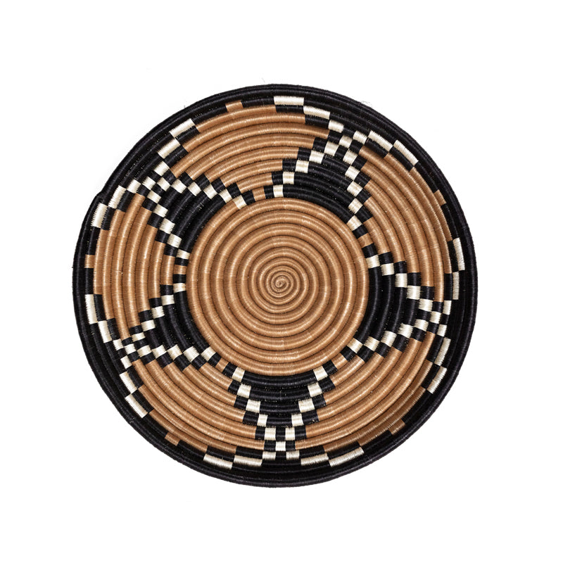 Tea Blossom woven bowl, round with a tea-dyed tan body and black rim.