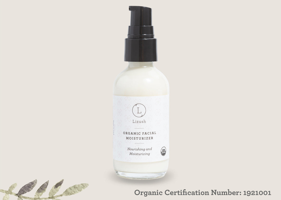 Lizush organic facial moisturizer, USDA certified, a lightweight hydrating cream.