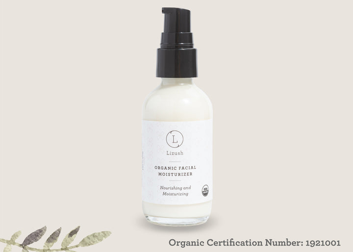 Lizush organic facial moisturizer, USDA certified, a lightweight hydrating cream.