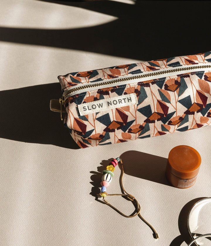 Florence travel pouch with floral pattern and compact structured shape.