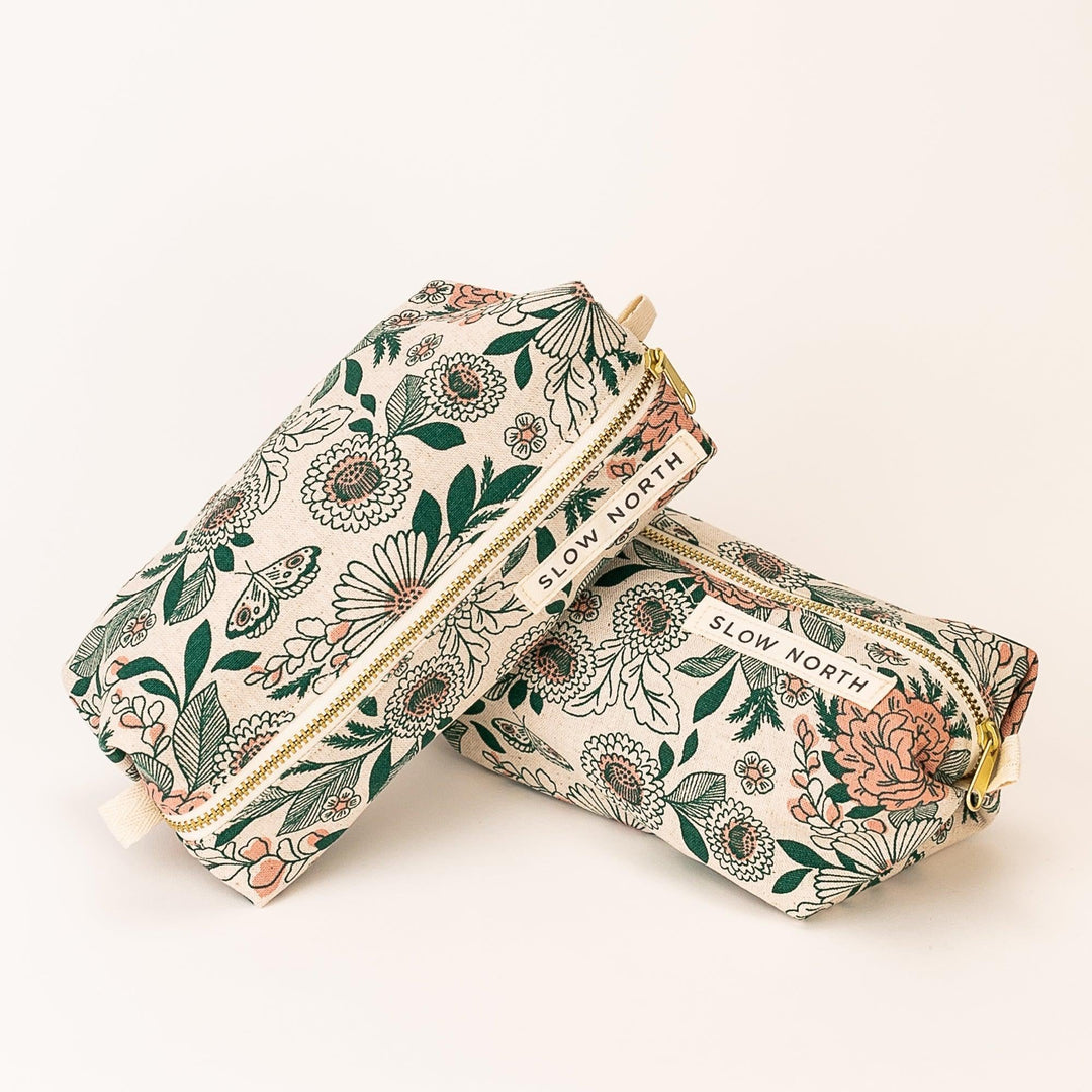Hidden Falls travel pouch with stylish patterned cotton-linen and secure zipper.