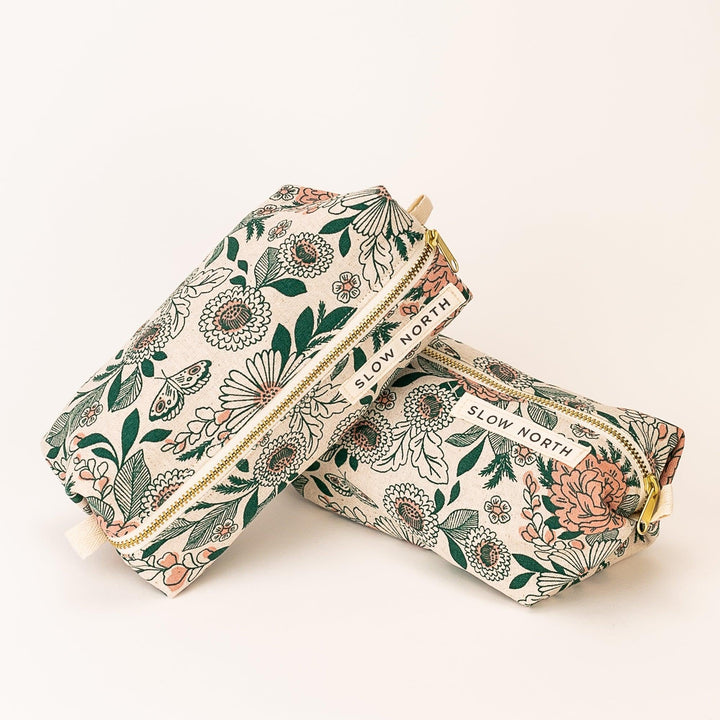 Hidden Falls travel pouch with stylish patterned cotton-linen and secure zipper.