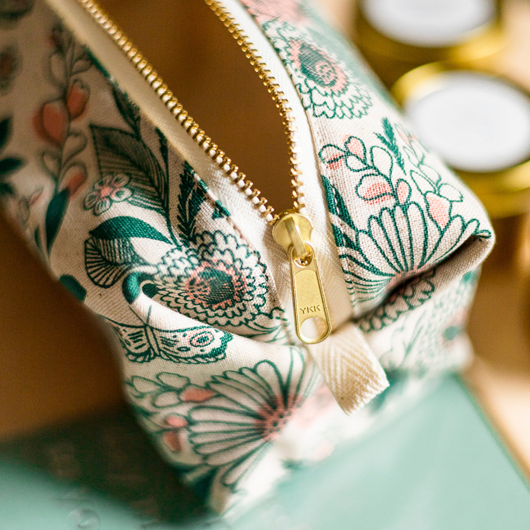 Nature-inspired travel pouch with compact structured design.
