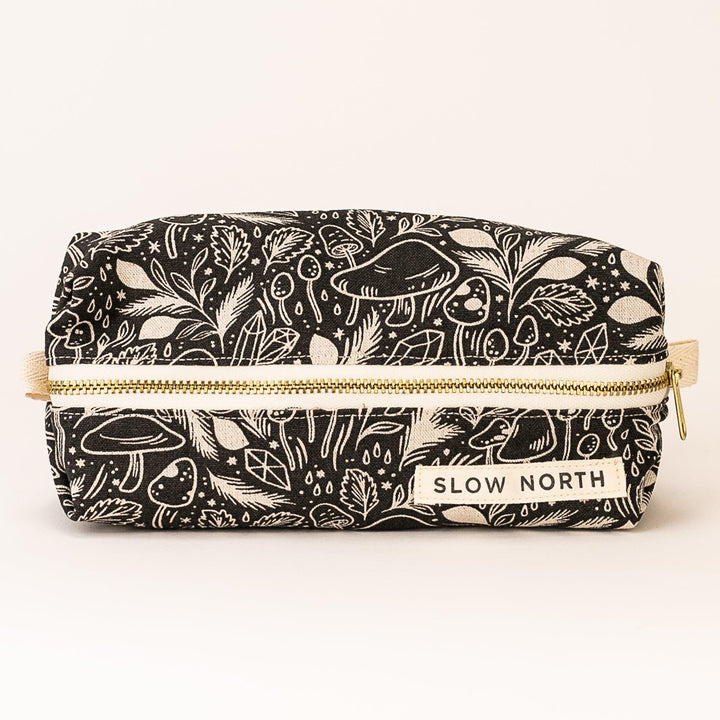 Mystical Mushroom travel pouch with colorful mushroom illustrations on cotton-linen fabric.