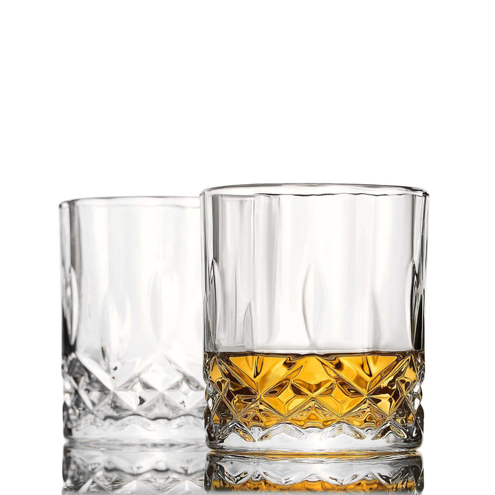 Set of crystal whiskey glasses with an elegant, clear glass design.