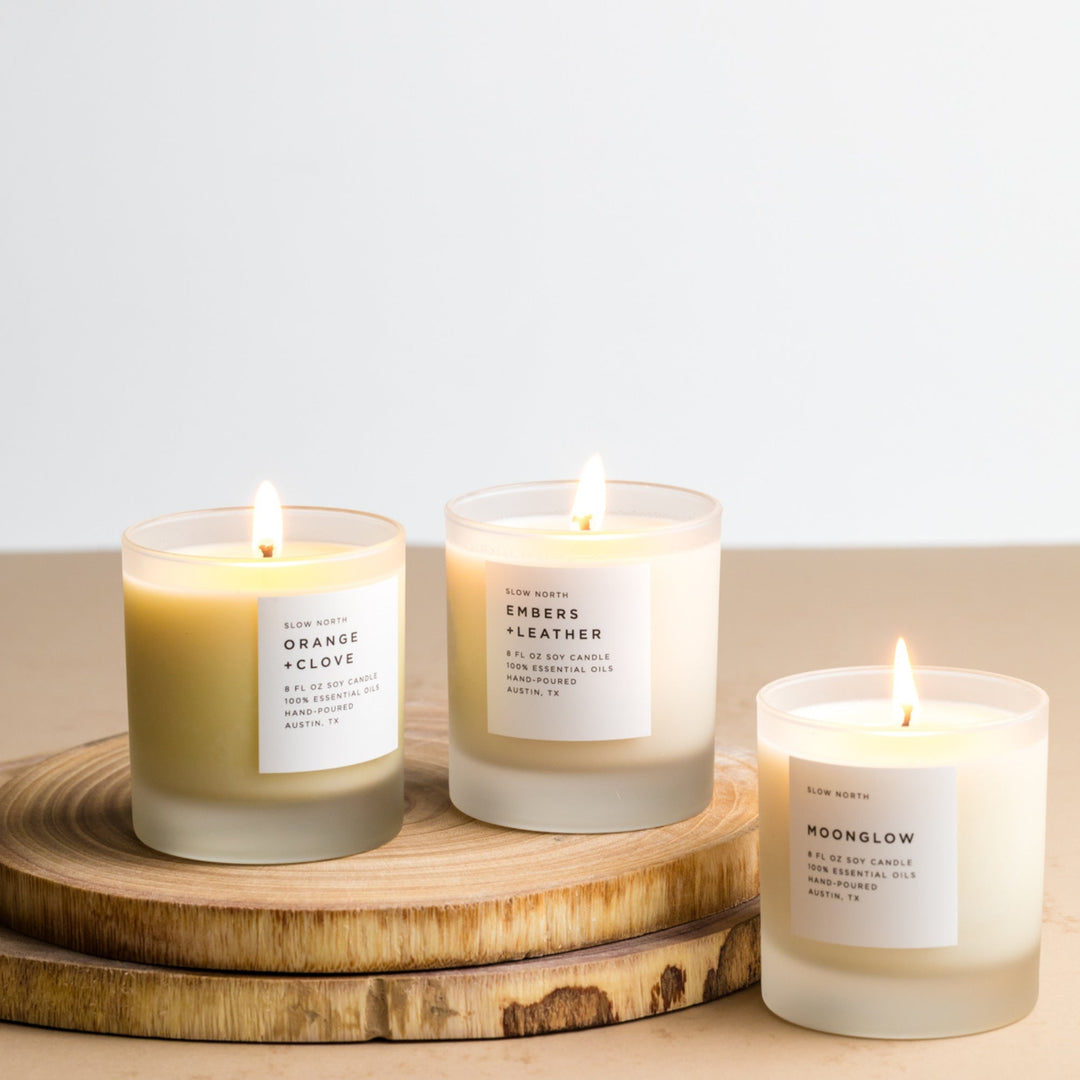 Warm Comforting Candle Trio with three essential oil candles for a cozy home ambiance.