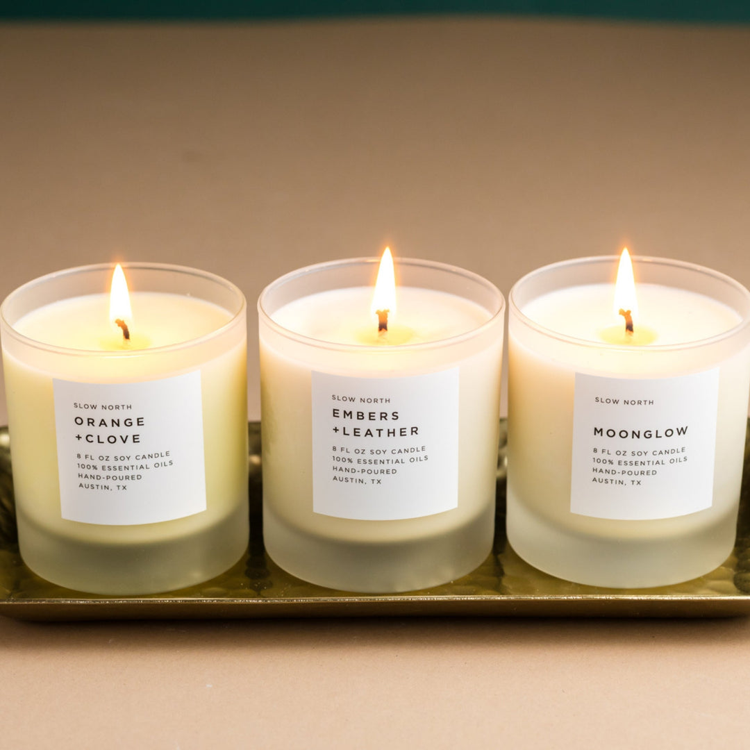 Warm Comforting Candle Trio with three soy candles in an essential oil set.