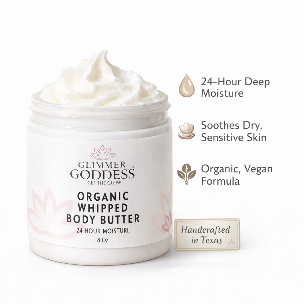 Organic whipped body butter with a smooth, fluffy texture.