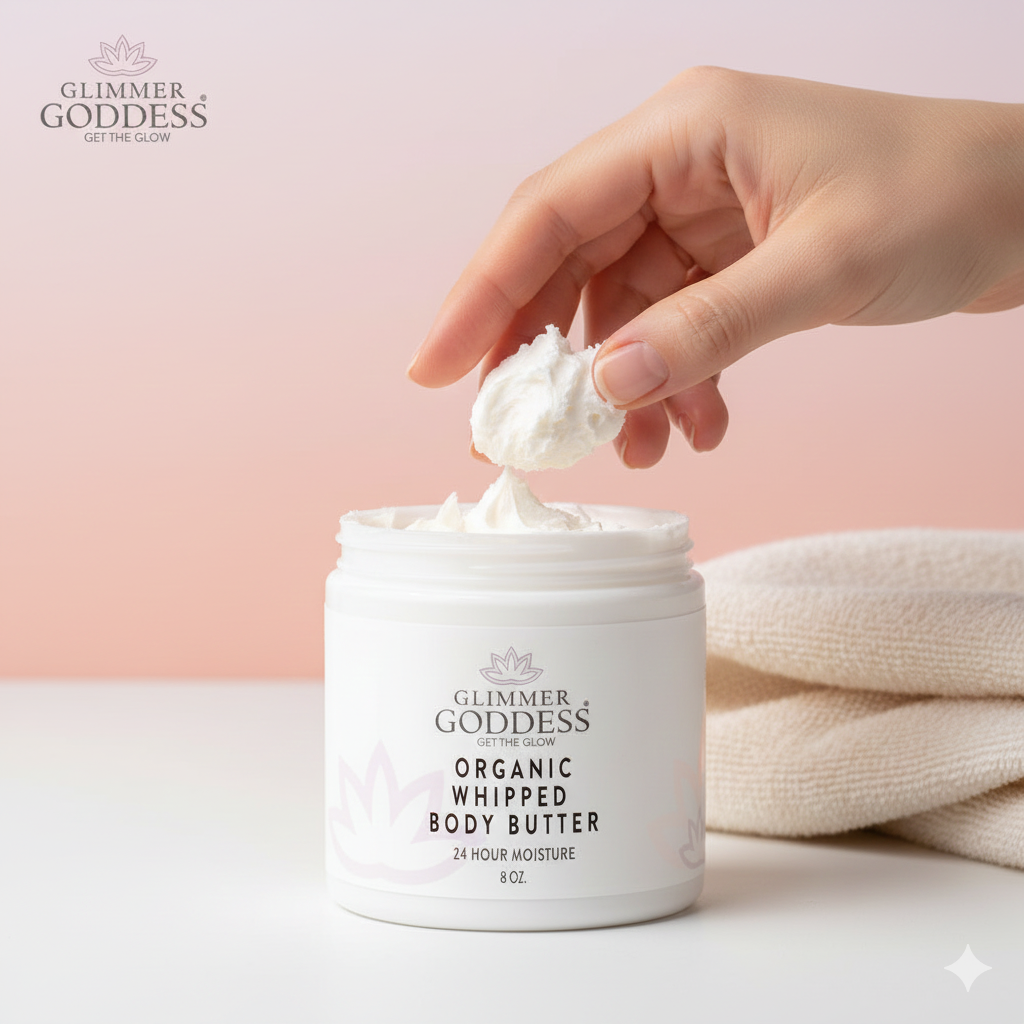 Organic whipped body butter in a jar, creamy texture.