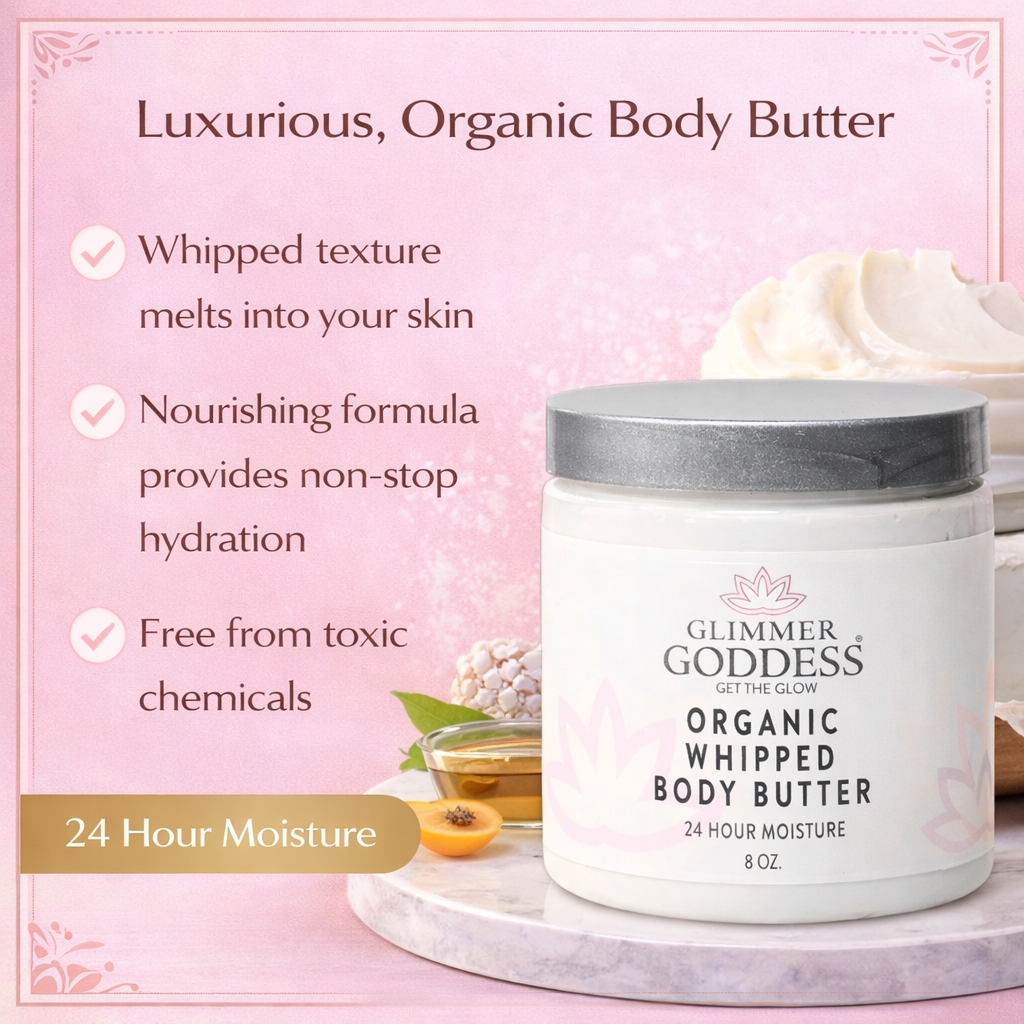 Organic whipped body butter with a creamy, fluffy texture.