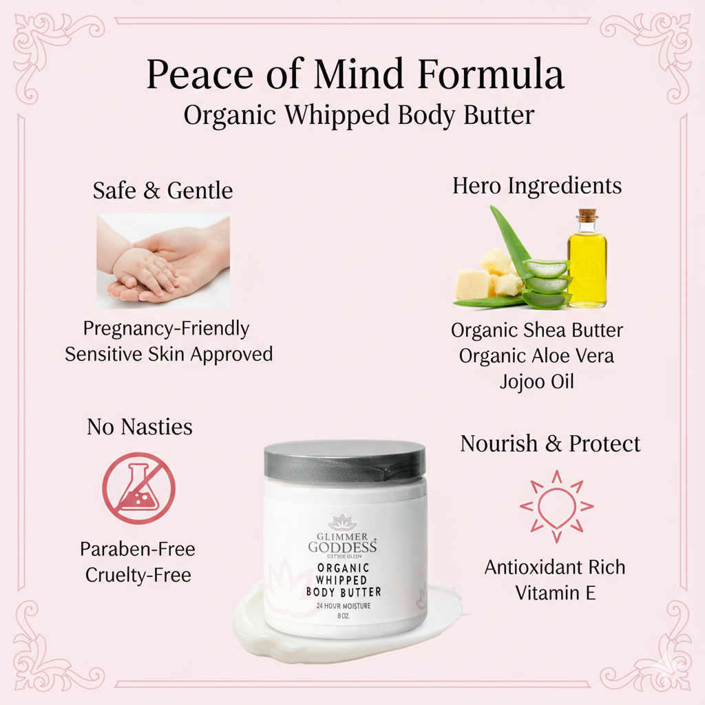 Organic whipped body butter with a smooth, peach-colored texture.