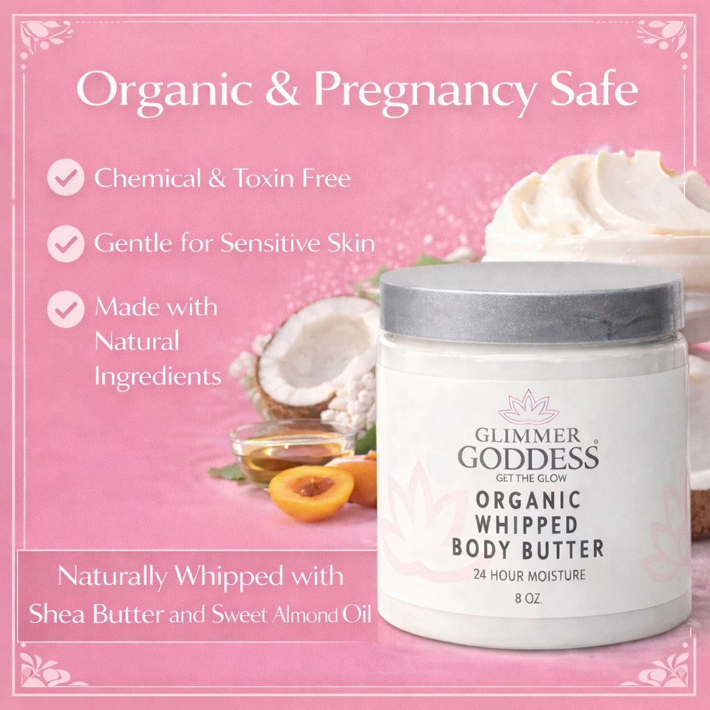 Organic whipped body butter in a jar, creamy and natural texture.