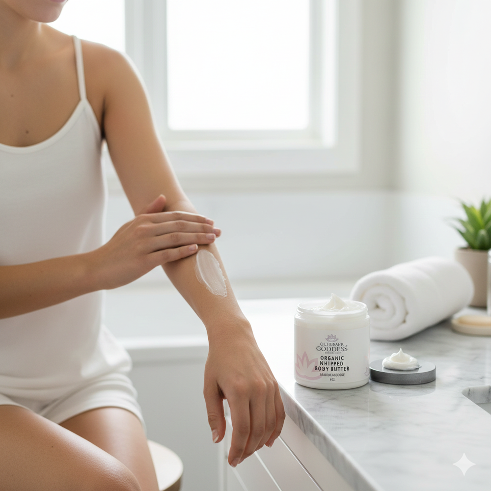 Organic whipped body butter being applied to skin, creamy texture.