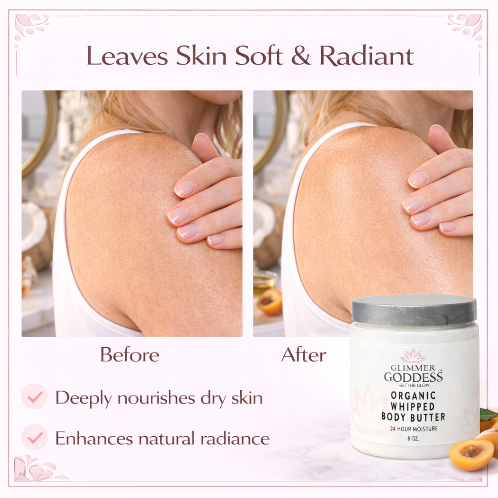 Organic whipped body butter being applied to skin, creamy texture.