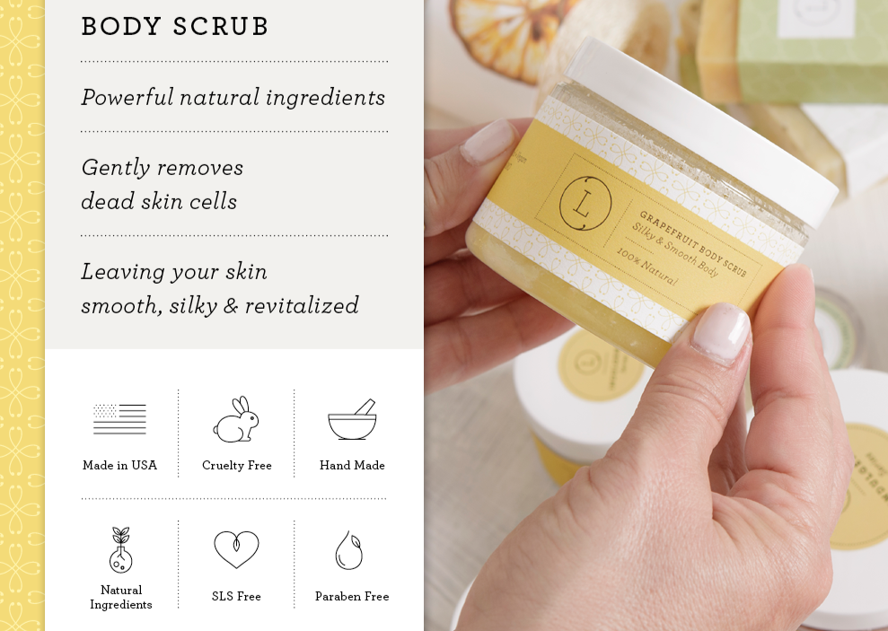 Grapefruit body scrub from the set, a yellow scrub in a sleek container.