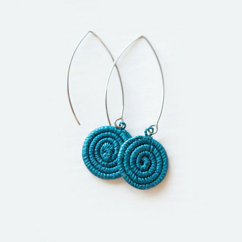 Celestial blue hand-woven sisal earrings with an intricate weave pattern.