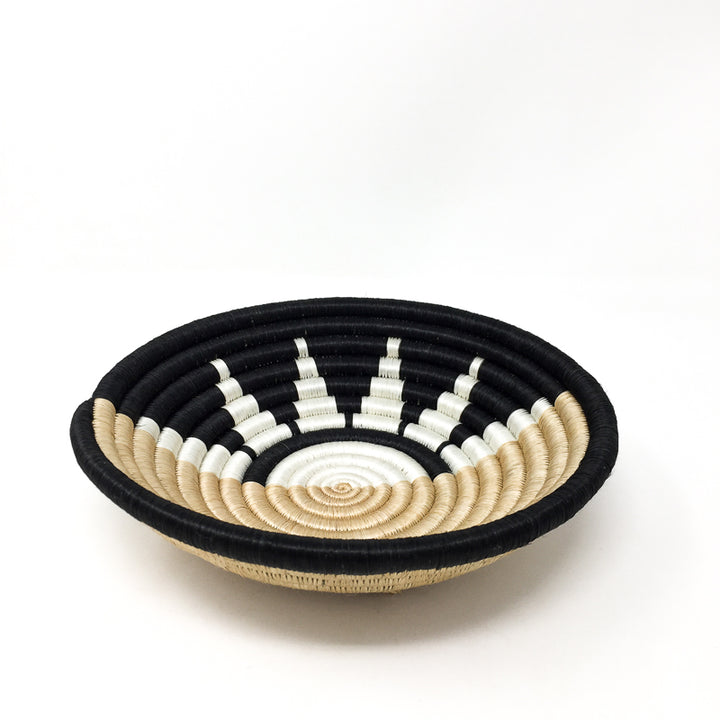 Zubita woven bowl in black and natural sisal with an intricate interior design.