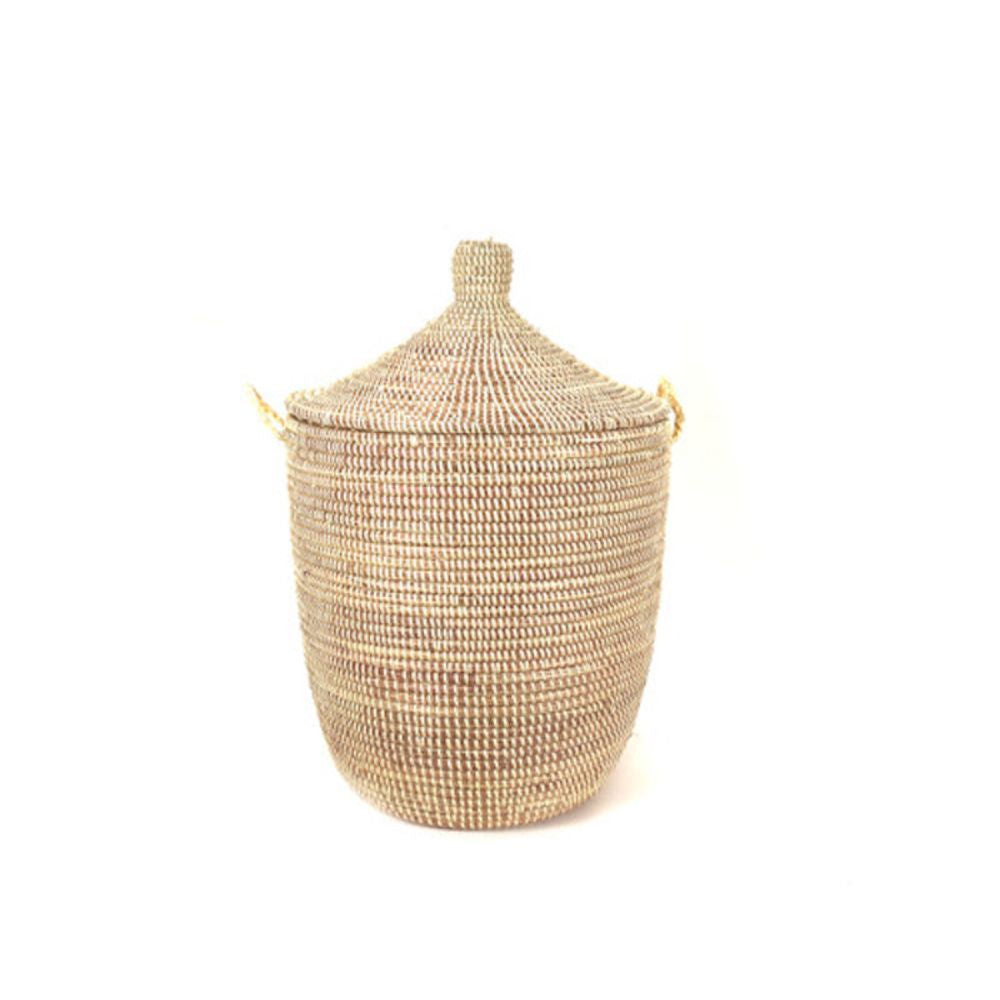 Natural medium lidded storage basket, handwoven with a sturdy weave.