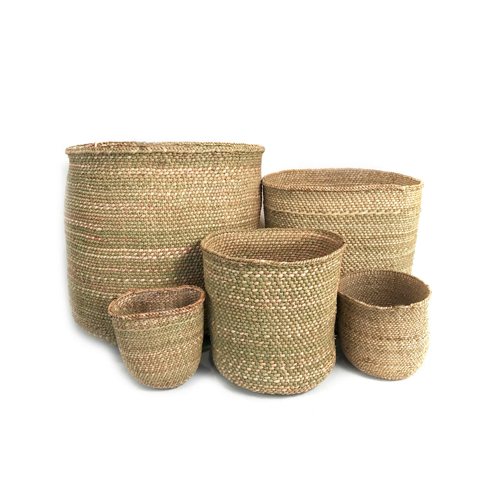 Natural Iringa basket handwoven from undyed milulu grass, pale sage and cream