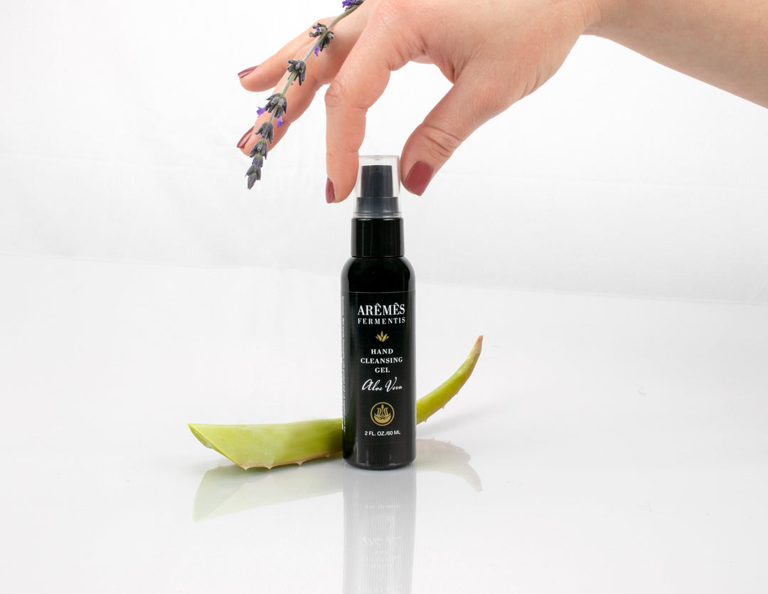 Aloe vera hand sanitizer gel bottle with a clear label.