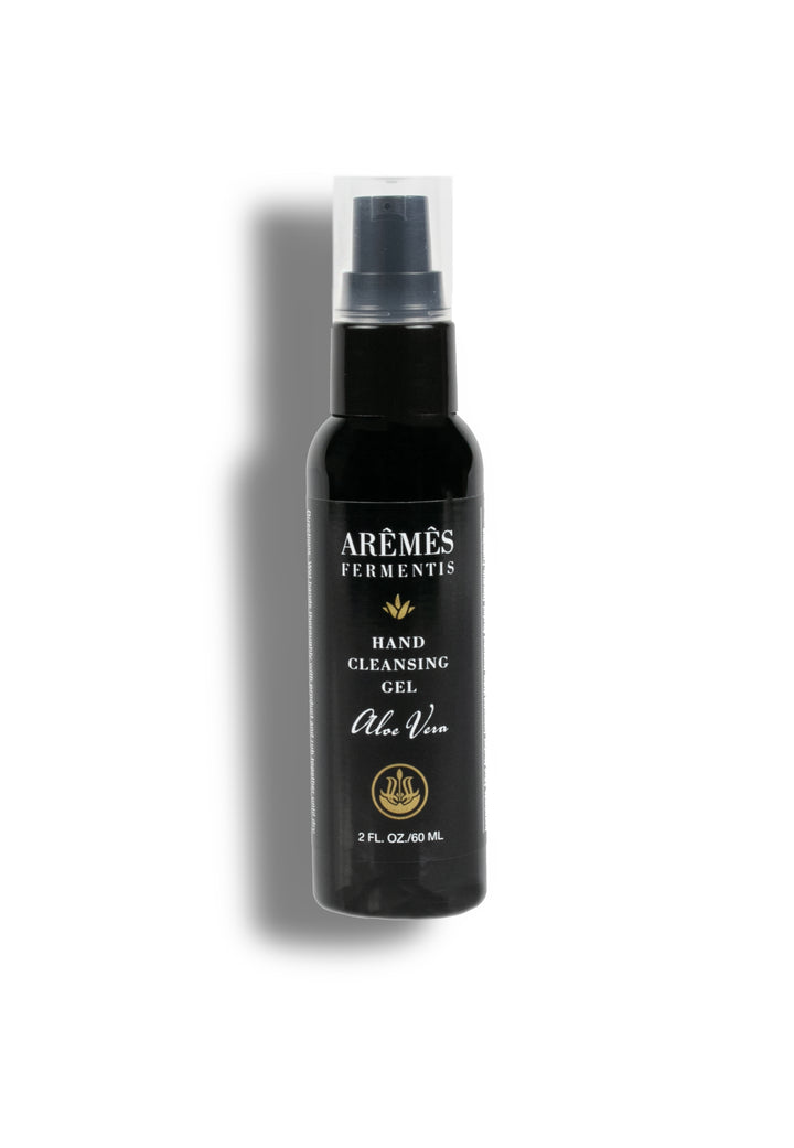 Aloe vera hand sanitizer gel in a clear bottle with aloe imagery on the label.