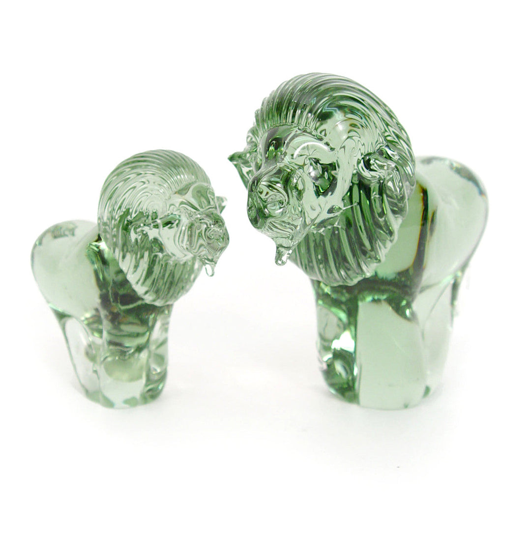 Recycled-glass lion sculpture, handblown with vibrant glass color.