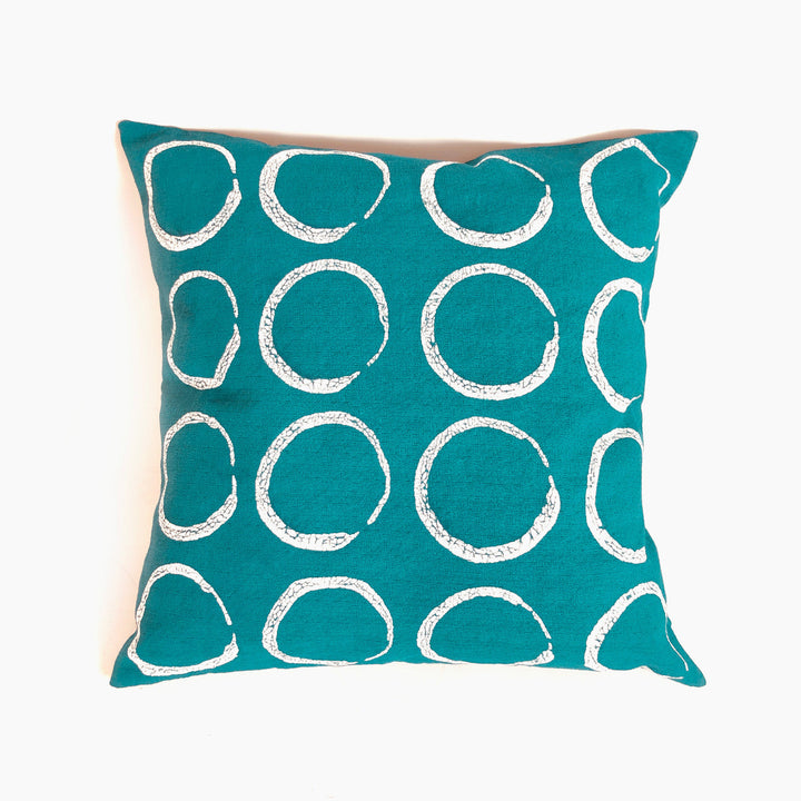 Circles sadza pillow cover, hand-painted geometric cotton design, handwoven in Zimbabwe.