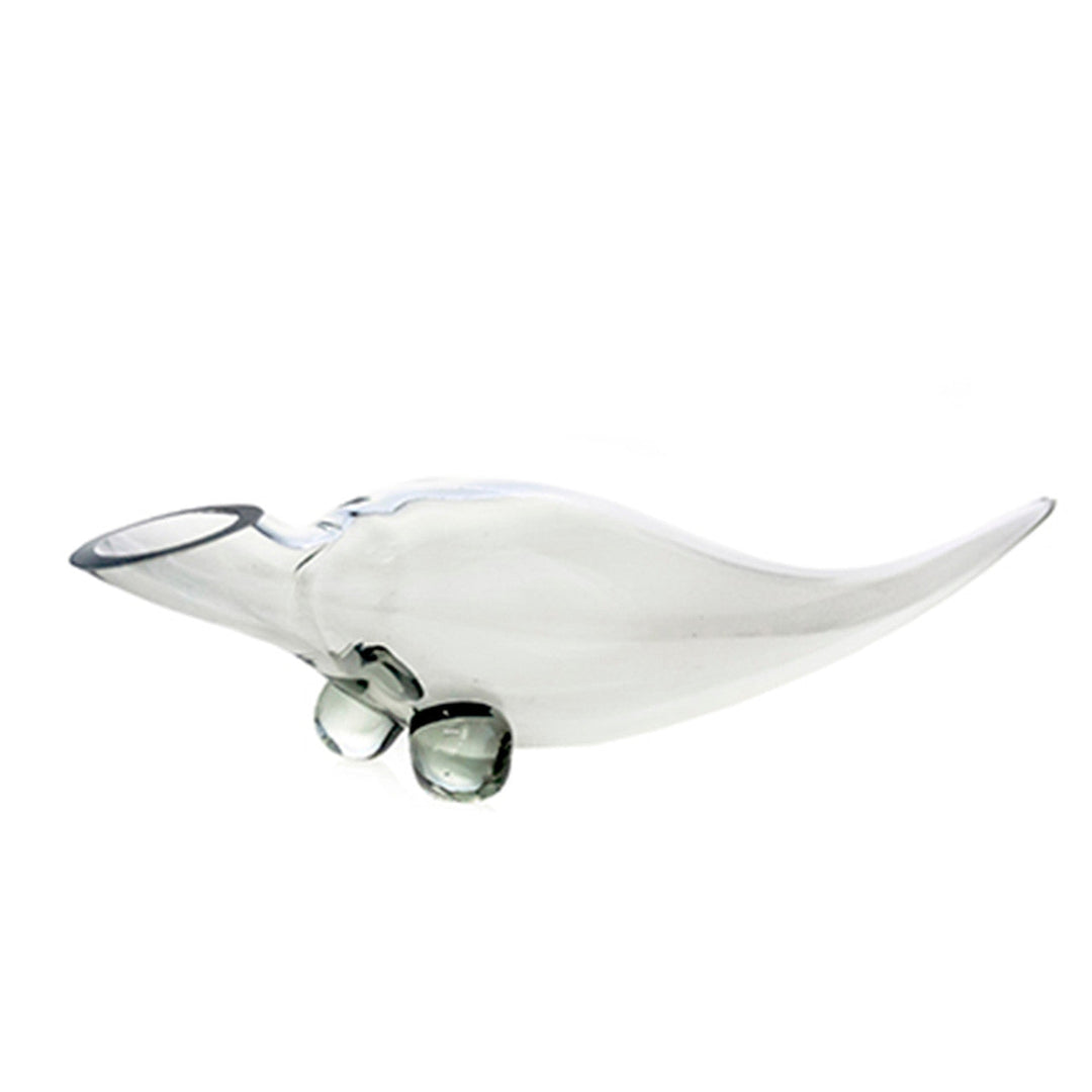 Horn-shaped wine decanter in recycled glass, mouth-blown in Eswatini, smooth transparent silhouette.