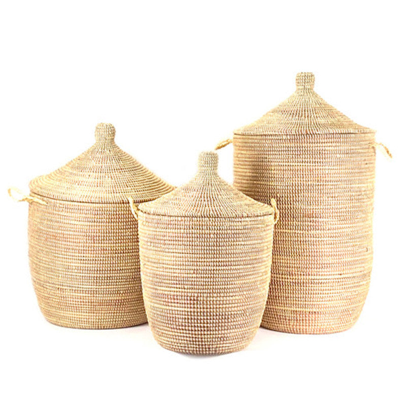 Natural medium lidded basket, handwoven Senegalese millet grass.